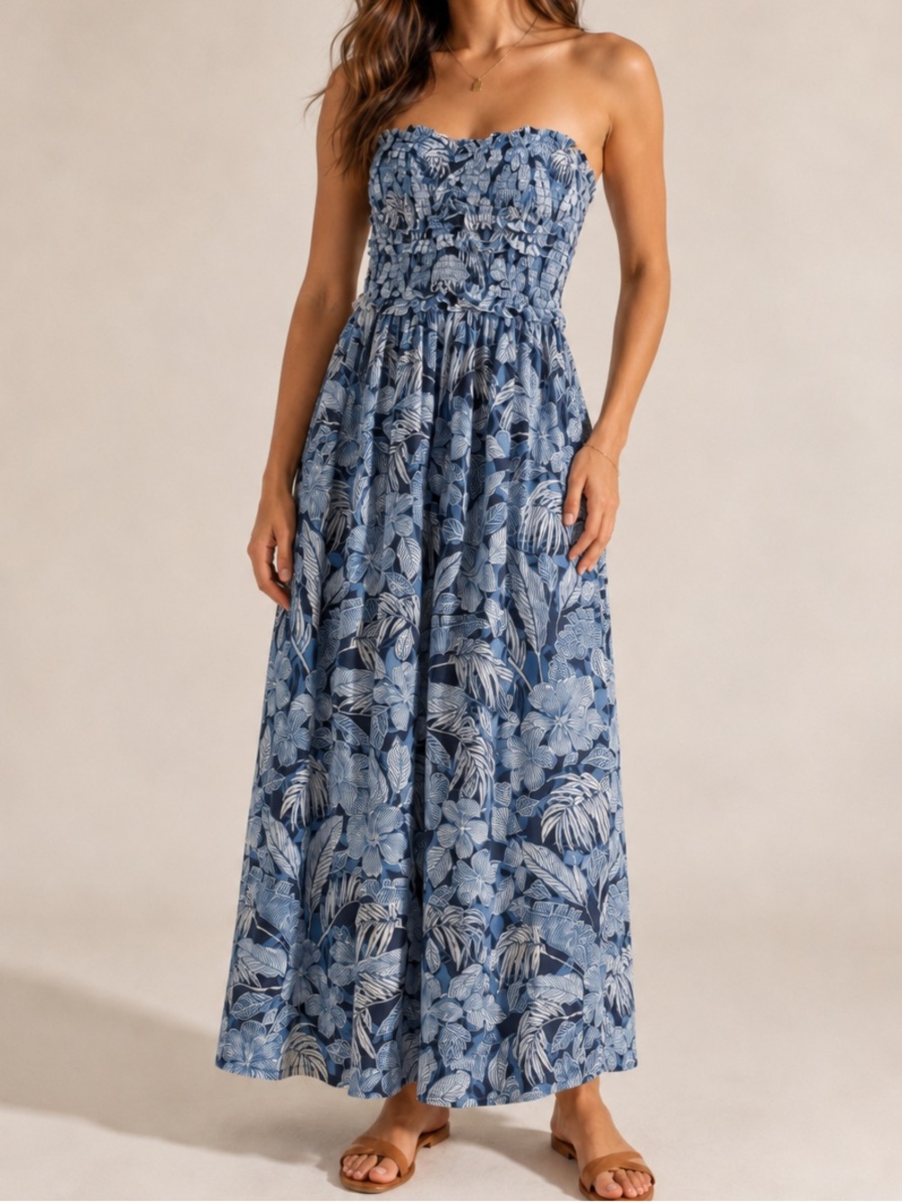 O'Neill Blue Floral Strapless Maxi Dress with Smocked Bodice